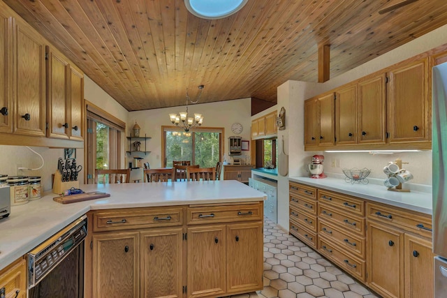 kitchen featuring lofted ceiling, an inviting chandelier, hanging light fixtures, black dishwasher, and kitchen peninsula