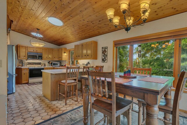 tiled dining area with sink, wooden ceiling, vaulted ceiling, and an inviting chandelier