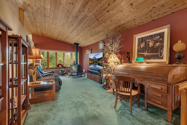 office area with carpet, lofted ceiling, a wood stove, and wood ceiling