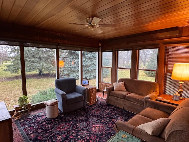 living room with ceiling fan and wood ceiling