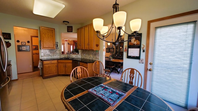 kitchen featuring sink, hanging light fixtures, an inviting chandelier, black dishwasher, and backsplash