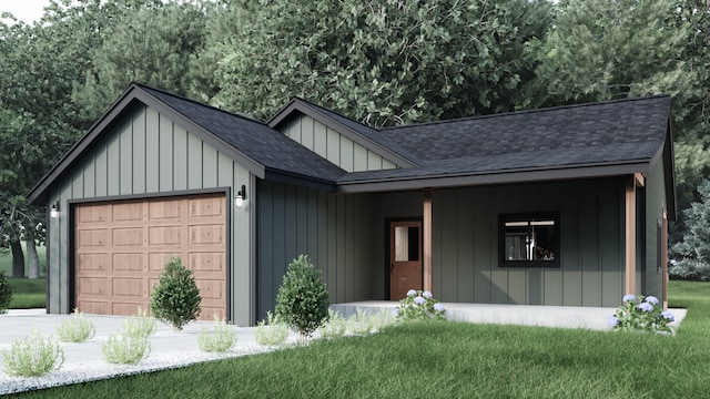 view of front of home with a front lawn, a porch, and a garage