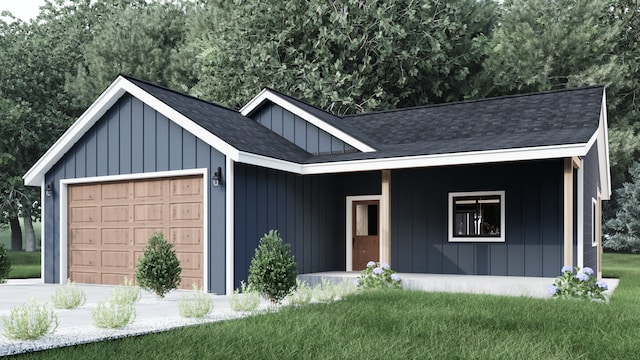 view of front of property with a porch, a garage, and a front lawn