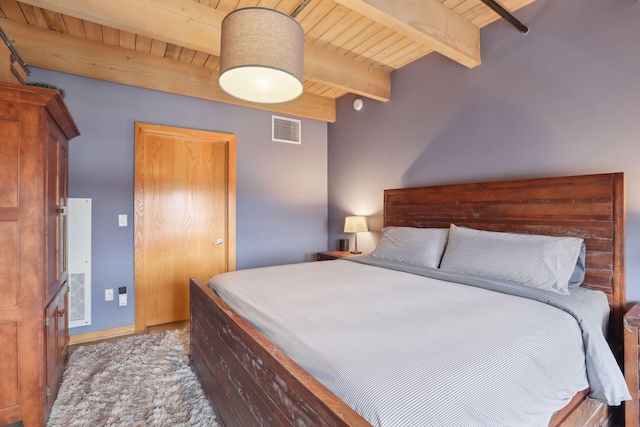 bedroom with beamed ceiling and wood ceiling