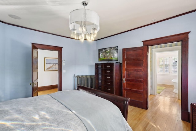 bedroom featuring light wood-type flooring, a notable chandelier, radiator heating unit, and crown molding