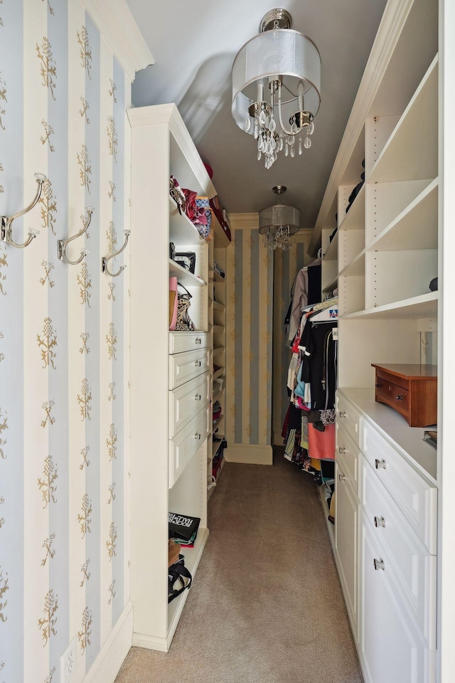 walk in closet featuring a notable chandelier and light colored carpet