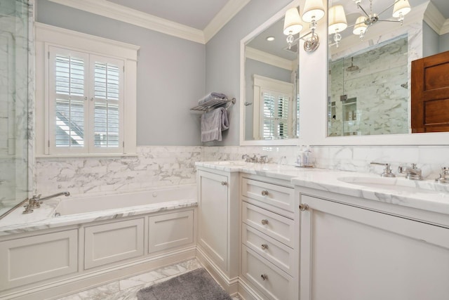 full bathroom featuring ornamental molding, a stall shower, a healthy amount of sunlight, and a sink