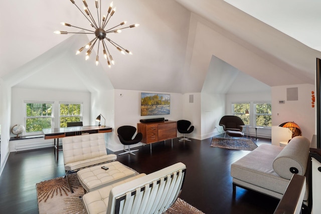 living room featuring baseboards, a chandelier, vaulted ceiling, and wood finished floors