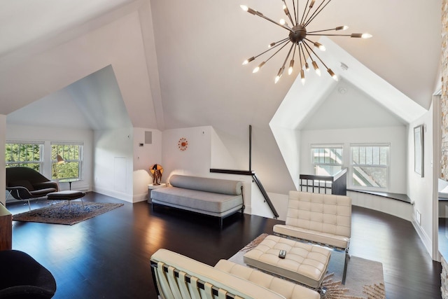 bedroom with a chandelier, high vaulted ceiling, wood finished floors, and baseboards