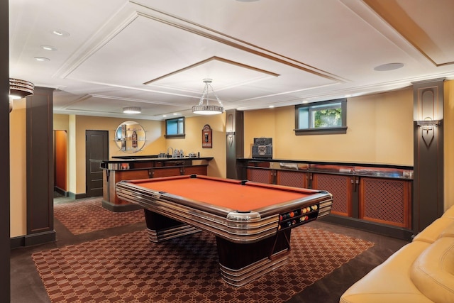 game room featuring recessed lighting, billiards, and a bar