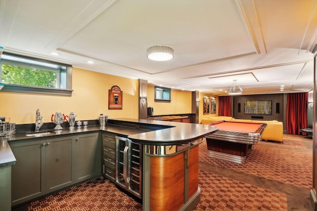 bar with wine cooler, pool table, wet bar, a sink, and recessed lighting