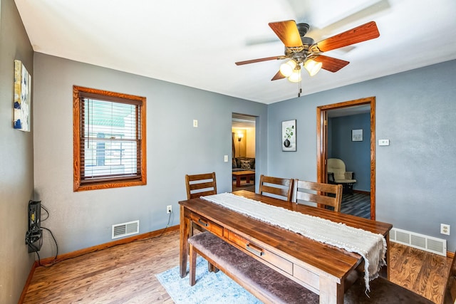 dining area with light wood-style flooring, visible vents, ceiling fan, and baseboards