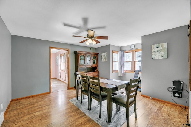 dining room with light wood-type flooring, ceiling fan, and baseboards