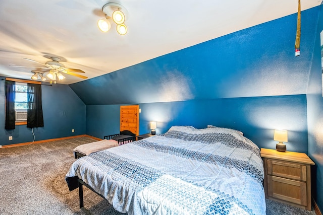 carpeted bedroom with lofted ceiling, baseboards, and a ceiling fan