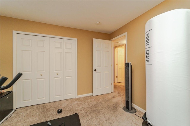 exercise room featuring light colored carpet