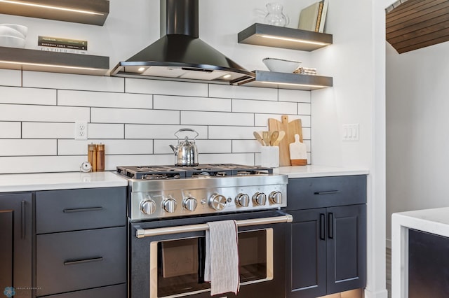 kitchen with island exhaust hood, gas range, and decorative backsplash