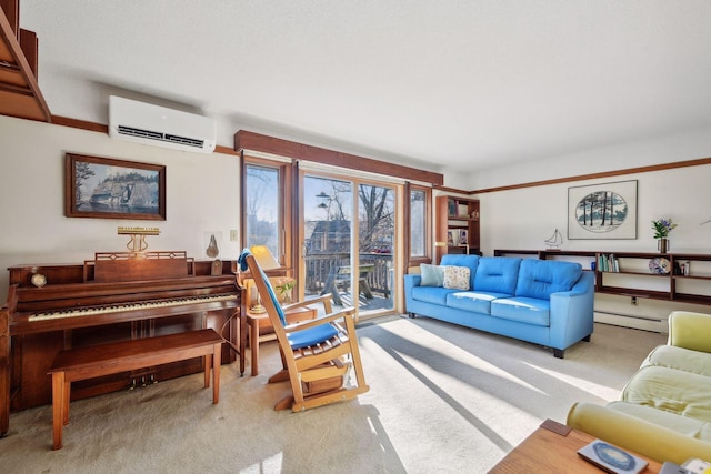 living room with light colored carpet, a baseboard radiator, and a wall mounted air conditioner