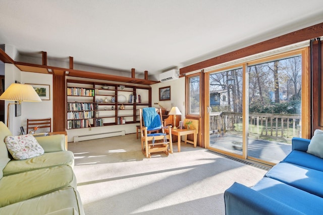 living room featuring an AC wall unit, carpet, and a baseboard radiator