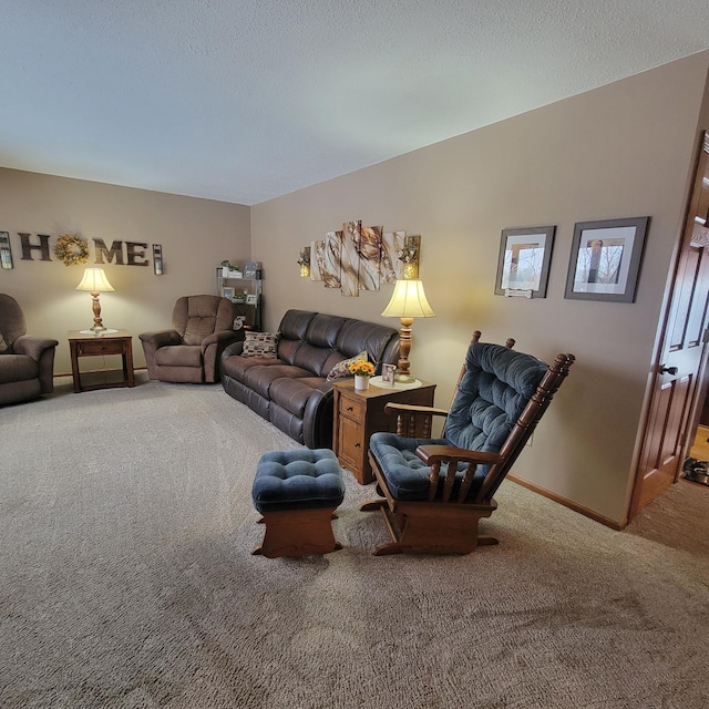 living area with a textured ceiling, carpet flooring, and baseboards