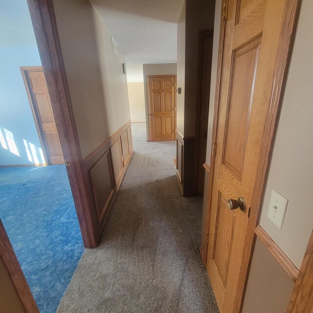 corridor featuring wainscoting, a decorative wall, and light colored carpet