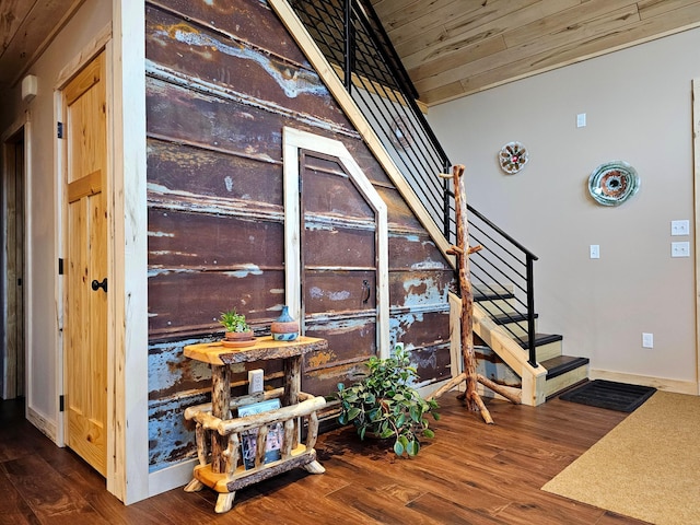 44811 County Highway 14, Perham, MN 56573 - stairway with wood-type flooring, wooden ceiling, and vaulted ceiling