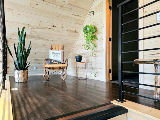 44811 County Highway 14, Perham, MN 56573 - unfurnished room featuring hardwood / wood-style floors, wood walls, lofted ceiling, and wooden ceiling