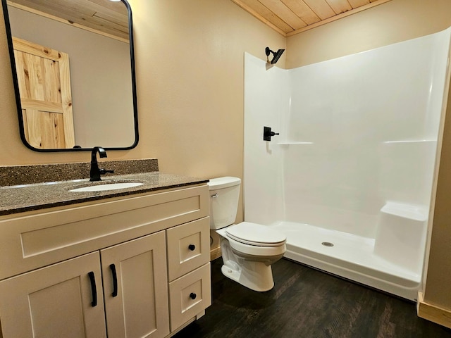 44811 County Highway 14, Perham, MN 56573 - bathroom with wood ceiling, vanity, a shower, hardwood / wood-style floors, and toilet