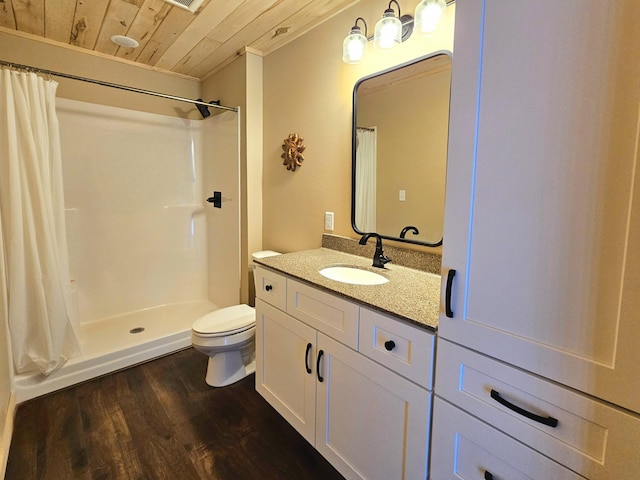 44811 County Highway 14, Perham, MN 56573 - bathroom with wooden ceiling, walk in shower, wood-type flooring, toilet, and vanity