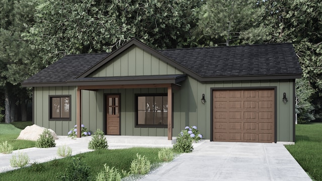 view of front facade featuring a garage, covered porch, and a front yard