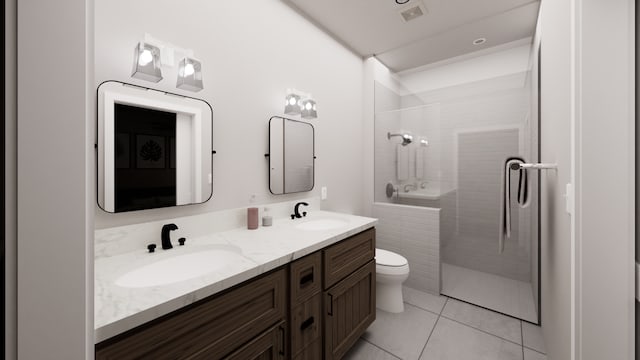 bathroom with tile patterned flooring, vanity, a shower with shower door, and toilet