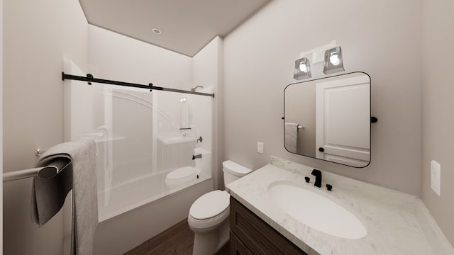 full bathroom with vanity, hardwood / wood-style floors, shower / bathtub combination, and toilet