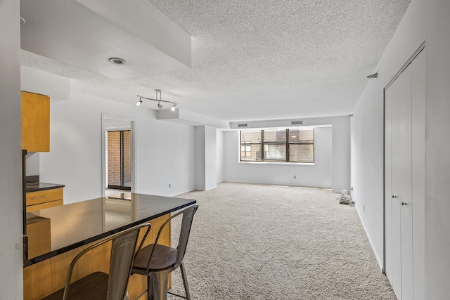 interior space with rail lighting, a textured ceiling, and light carpet