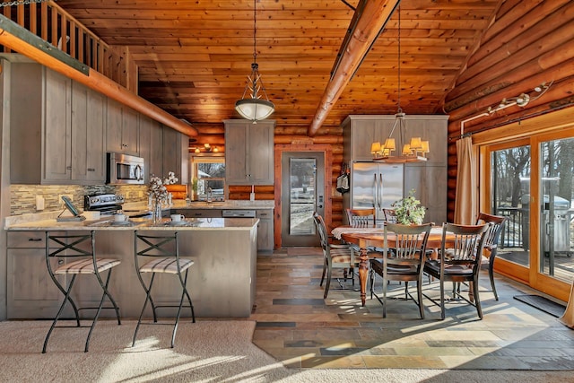 kitchen with lofted ceiling with beams, light countertops, wooden ceiling, a peninsula, and stainless steel appliances