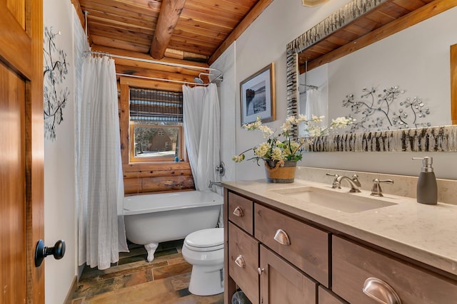 full bath with beamed ceiling, stone tile flooring, wooden ceiling, a bath, and vanity