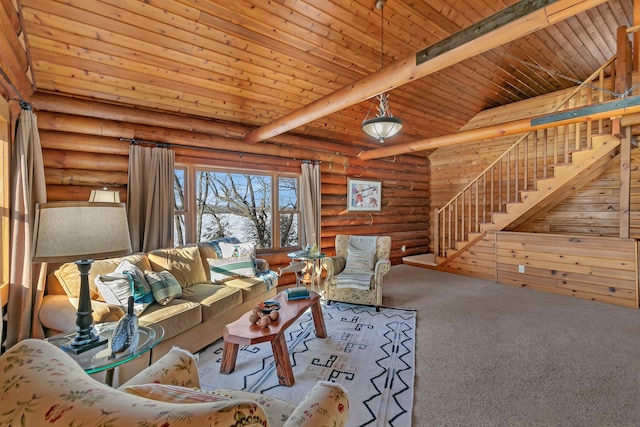 carpeted living area with wooden ceiling, stairway, high vaulted ceiling, and beam ceiling