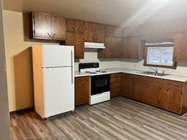 kitchen with white appliances, hardwood / wood-style flooring, and sink