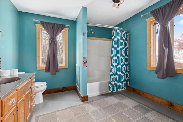 full bathroom featuring concrete flooring, shower / tub combo, vanity, and toilet