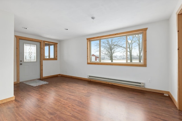 entrance foyer with plenty of natural light, dark hardwood / wood-style floors, and a baseboard heating unit