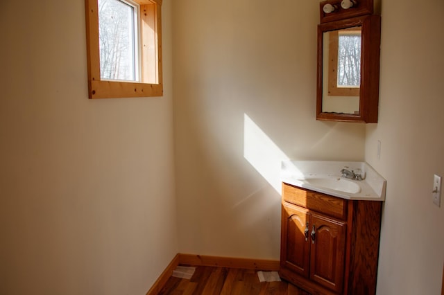 61684 260th St, Hewitt, MN 56453 - bathroom with wood finished floors, baseboards, and vanity