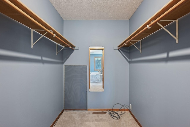 walk in closet featuring light carpet