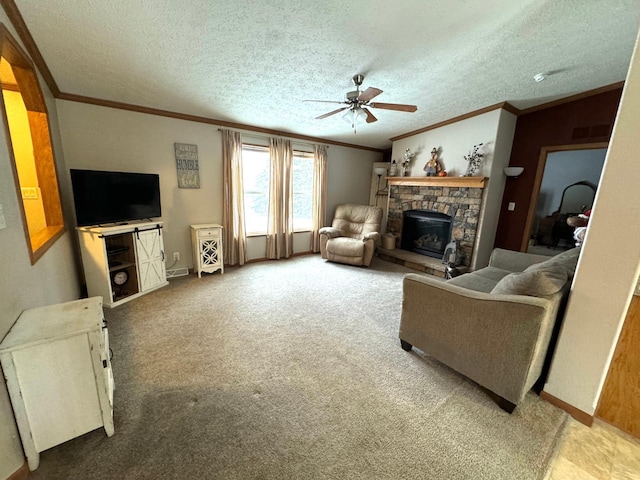 carpeted living room with a fireplace, a textured ceiling, and crown molding