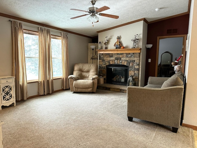 living room with a stone fireplace, lofted ceiling, carpet, and a textured ceiling