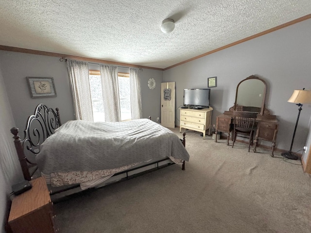 bedroom featuring carpet floors, a textured ceiling, and ornamental molding