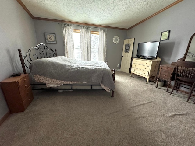 bedroom with a textured ceiling, carpet floors, vaulted ceiling, and ornamental molding