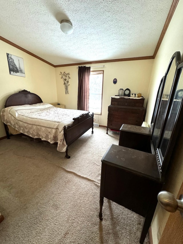 carpeted bedroom featuring a textured ceiling and ornamental molding