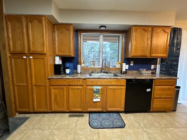 kitchen with sink, dark stone countertops, and dishwasher