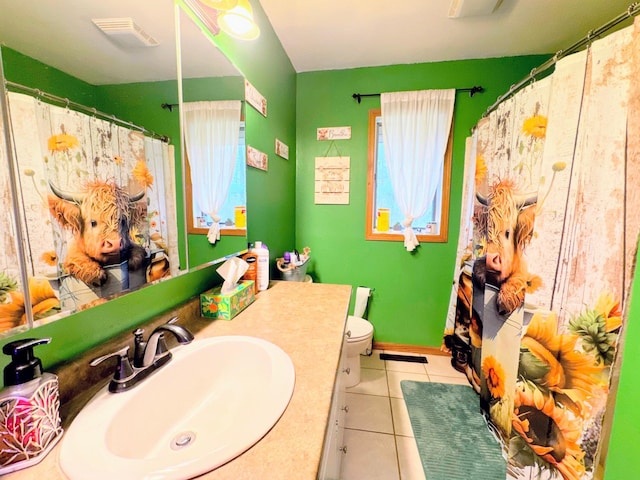 bathroom featuring toilet, vanity, and tile patterned flooring