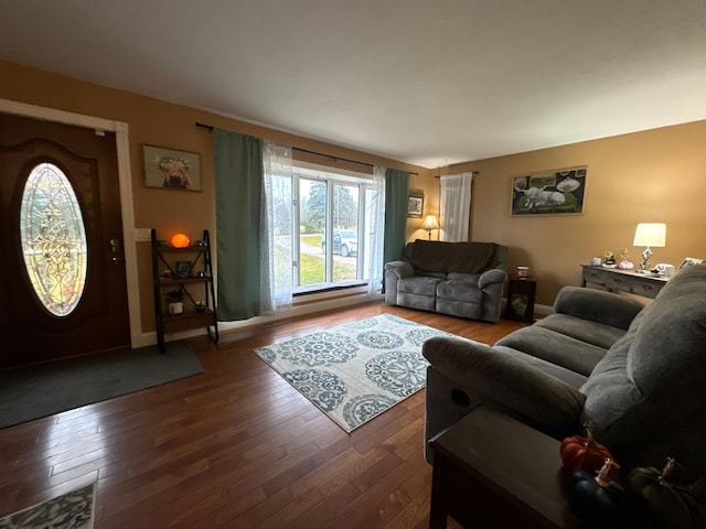 living room with dark hardwood / wood-style floors