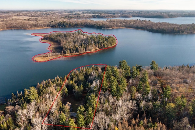4690 Evergreen Dr NW, Hackensack, MN 56452 - aerial view of property and surrounding area with property parcel outlined, a large body of water, and a forest