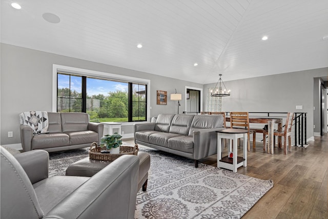 804 County Road I W, Shoreview, MN 55126 - living room featuring a chandelier, recessed lighting, wood finished floors, and vaulted ceiling